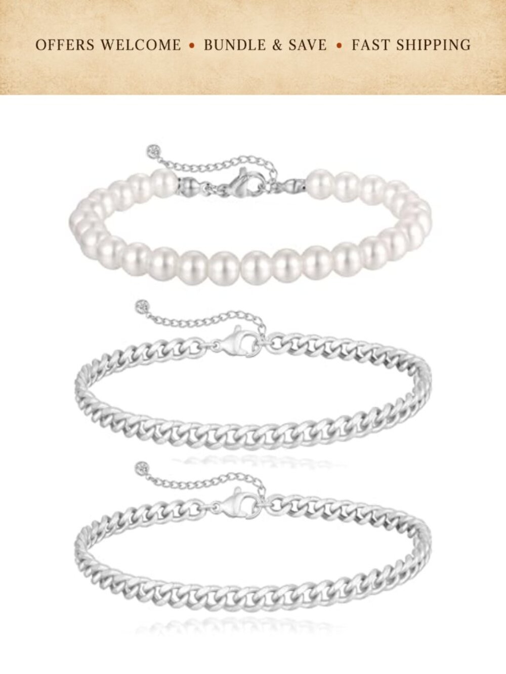 Gold Plated Pearl & Cuban Link Bracelet Set of 3 Stackable Adjustable Everyday